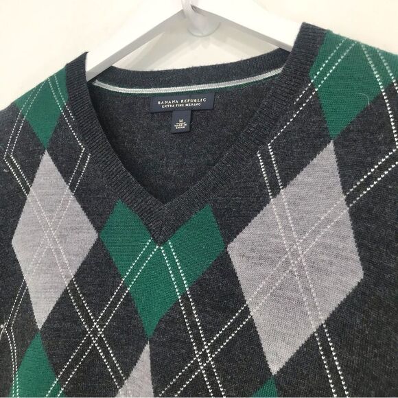 Banana Republic Gray Green Argyle 100% Merino Wool V Neck Pullover Sweater - Picture 10 of 16